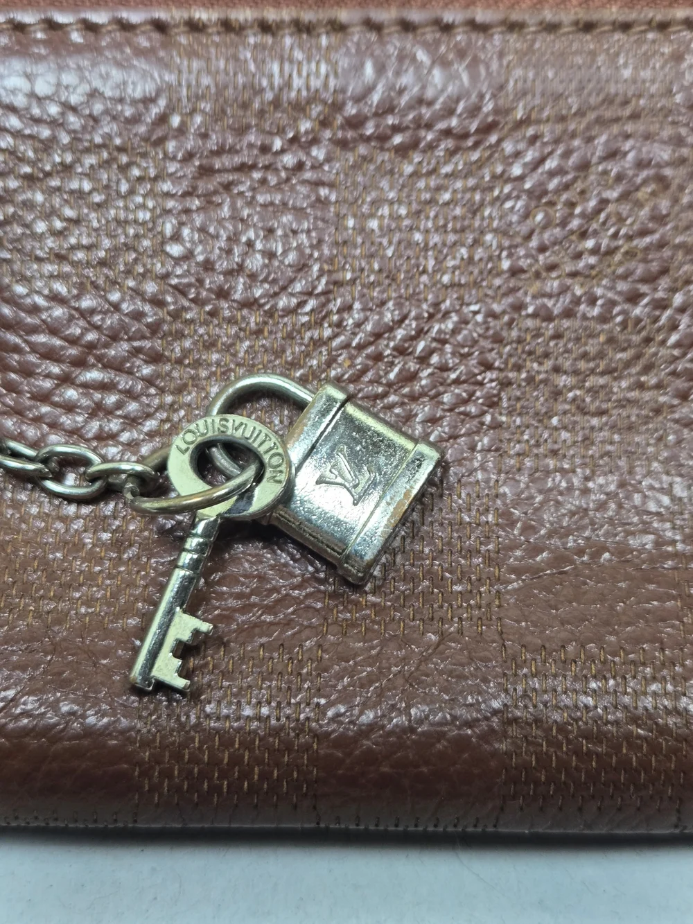 Vintage Louis Vuitton Brown Leather Zip Pouch with Chain Charm - Needs TLC